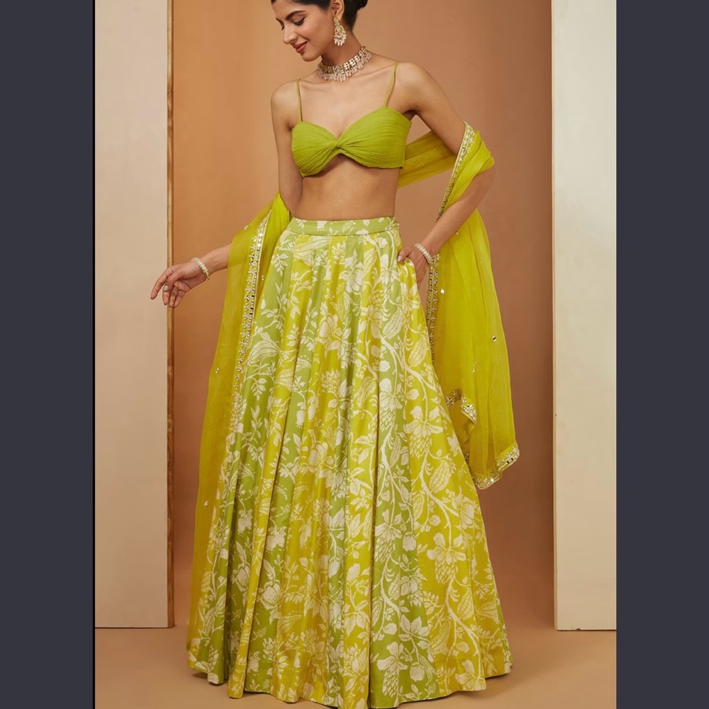 Esha Koul Yellow Green Floral Pleated Lehenga